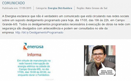 Energisa desmente boato sobre 'apagão' em Campo Grande na hora do Fantástico