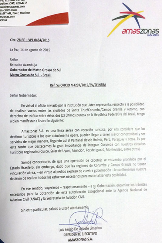Em documento, Amaszonas confirma esforços para atuar em Corumbá e aguarda apenas liberação do Governo brasileiro para início dos voos