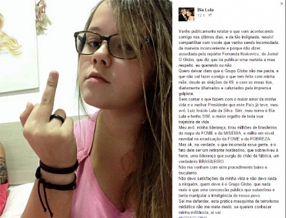Neta de Lula mostra o dedo no Facebook e acusa repórter de O Globo de 'assédio'