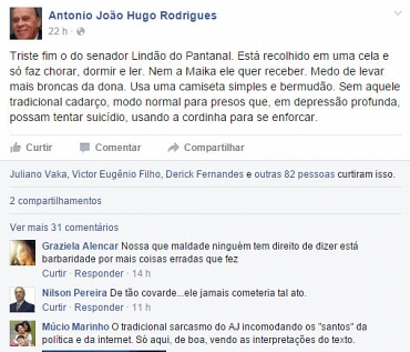 Antonio João fala de suicídio em comentário sobre Delcídio e gera polêmica no Facebook