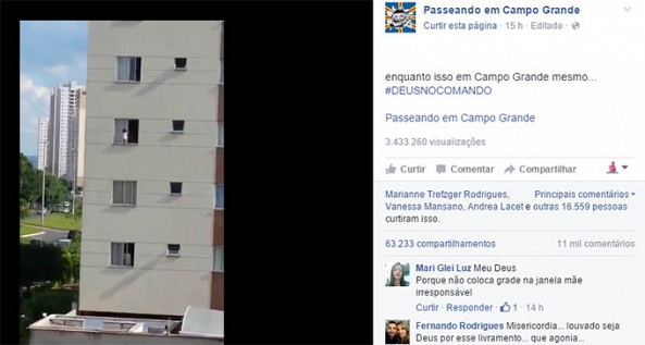 Vídeo de criança andando do lado de fora da janela de prédio em Campo Grande 'bomba'
