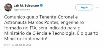 Marcos Pontes é confirmado como ministro da Ciência e Tecnologia de Bolsonaro