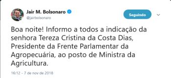 Tereza Cristina é confirmada para o Ministério da Agricultura