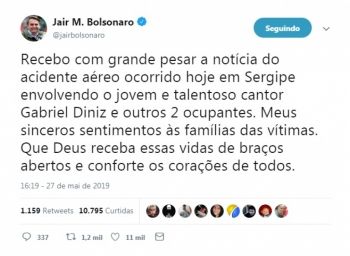 Jair Bolsonaro posta em seu Twitter nota de pesar sobre Gabriel Diniz e outras duas vítimas