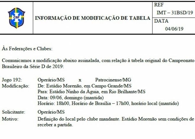 CBF confirma jogo decisivo do Operário fora de Campo Grande