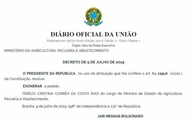 Tereza Cristina é exonerada do cargo de Ministra para votar Reforma da Previdência
