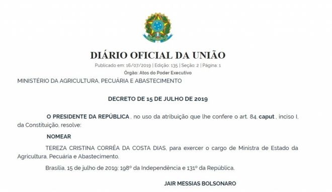 Bolsonaro publica no Diário Oficial da União retorno de Tereza Cristina ao Ministério