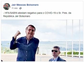 Em rede social, Bolsonaro diz que seu exame de coronavírus deu negativo