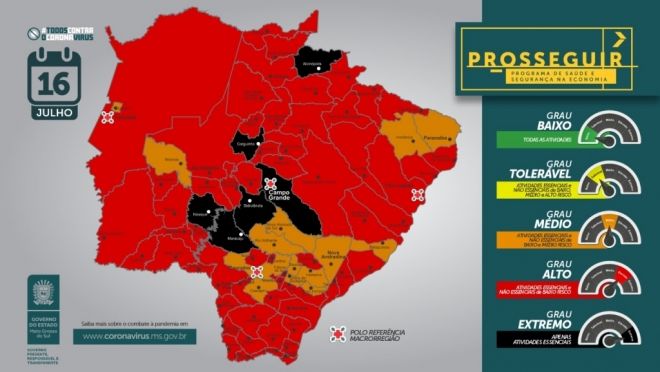 Veja o mapa da situação do coronavírus nos municípios de MS