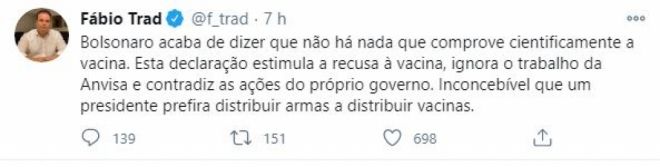 Fábio Trad critica fala de Bolsonaro sobre comprovação das vacinas contra Covid 19