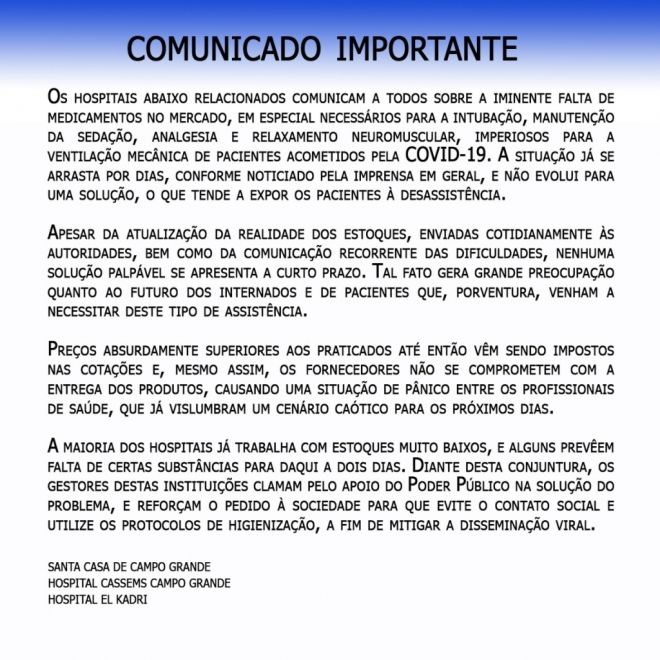 Carta aberta: três hospitais de Mato Grosso do Sul pedem socorro