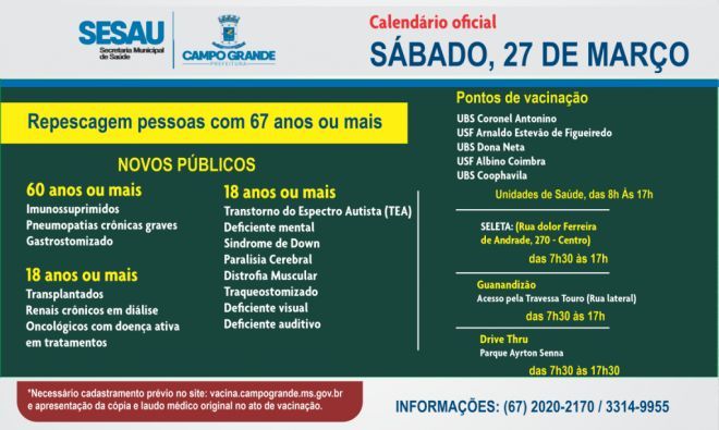 Pessoas com comorbidades serão vacinadas contra covid-19 em Campo Grande