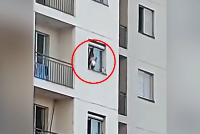 Vídeo: Bebê é visto se balançando em janela de prédio da Capital
