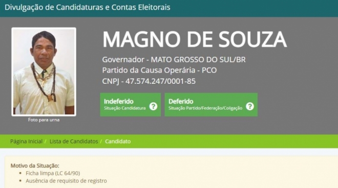Candidato ao governo do estado tem candidatura indeferida