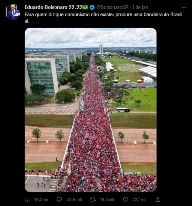 Eduardo Bolsonaro posta foto de posse de Lula e cristica falta das cores da bandeira