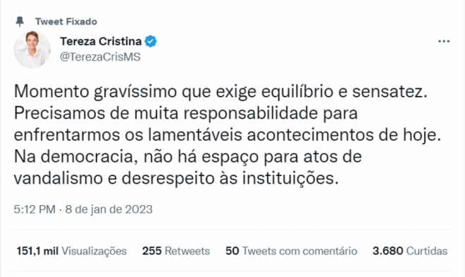 “Na democracia, não há espaço para vandalismo”, diz Tereza Cristina