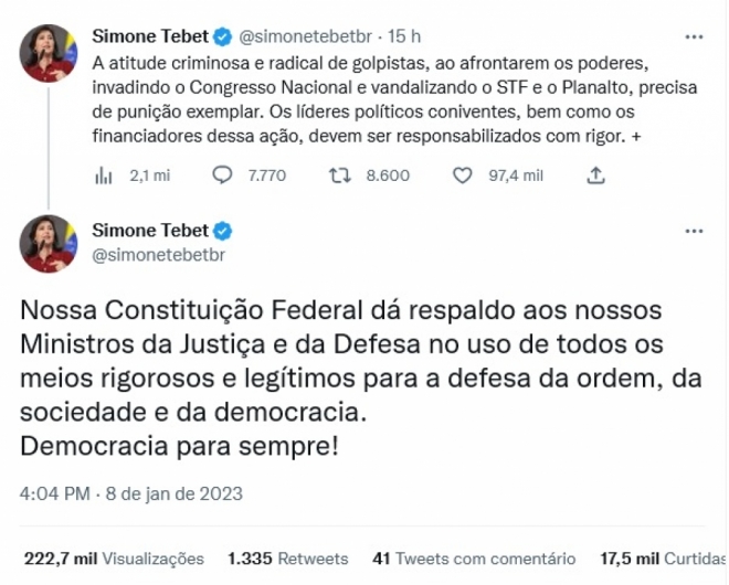 Simone cobra rigor nas apurações e dos meios de defesa da democracia