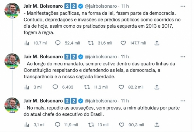 Com críticas à esquerda, Bolsonaro repudia vandalismo em Brasília
