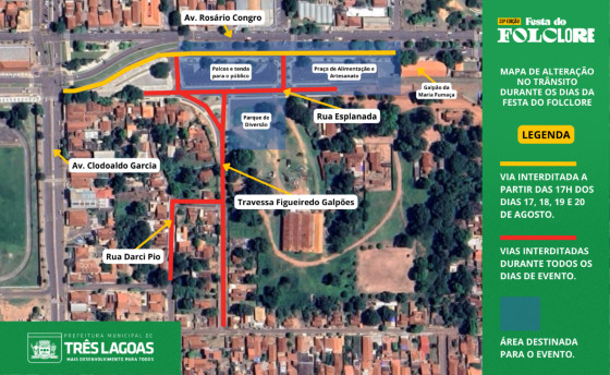 Algumas ruas ser&atilde;o interditadas para realiza&ccedil;&atilde;o da Festa do Folclore