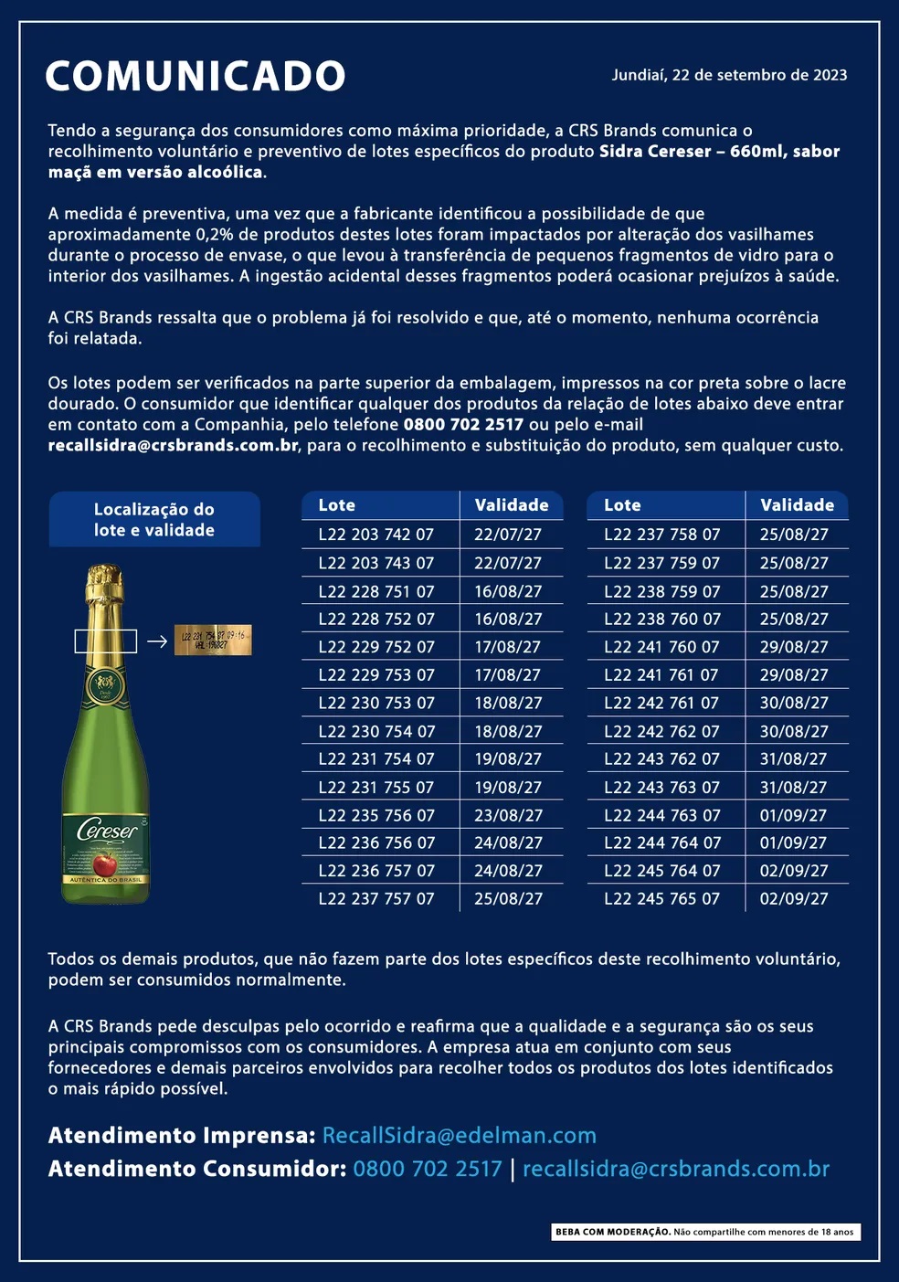 Anvisa manda recolher e suspender a venda de 28 lotes da Sidra Cereser