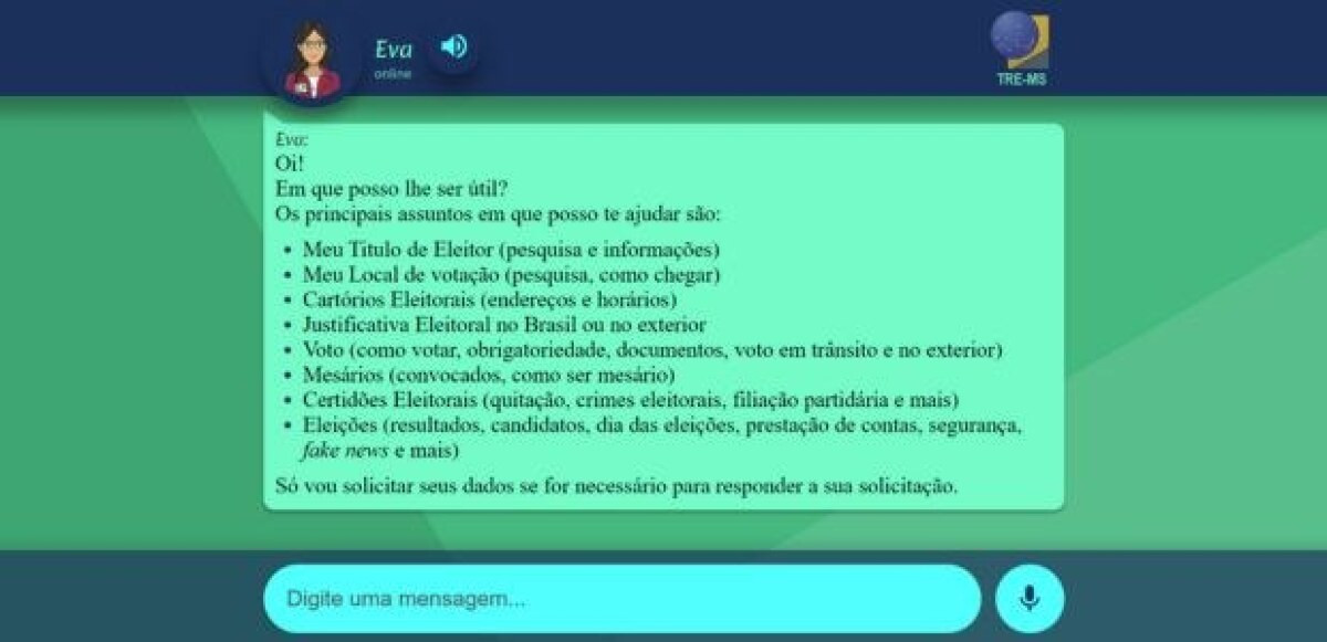 TRE-MS lança assistente virtual Eva para orientar eleitores nas Eleições 2024