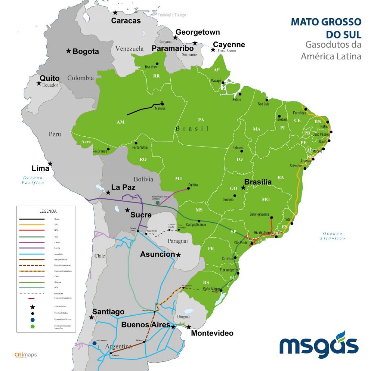 Mapa - America Latina - MS Gás - Gasodutos 2025