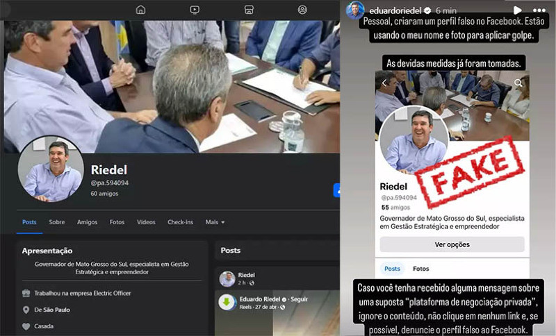 Perfil falso no Facebook e alerta de Riedel no Instagram