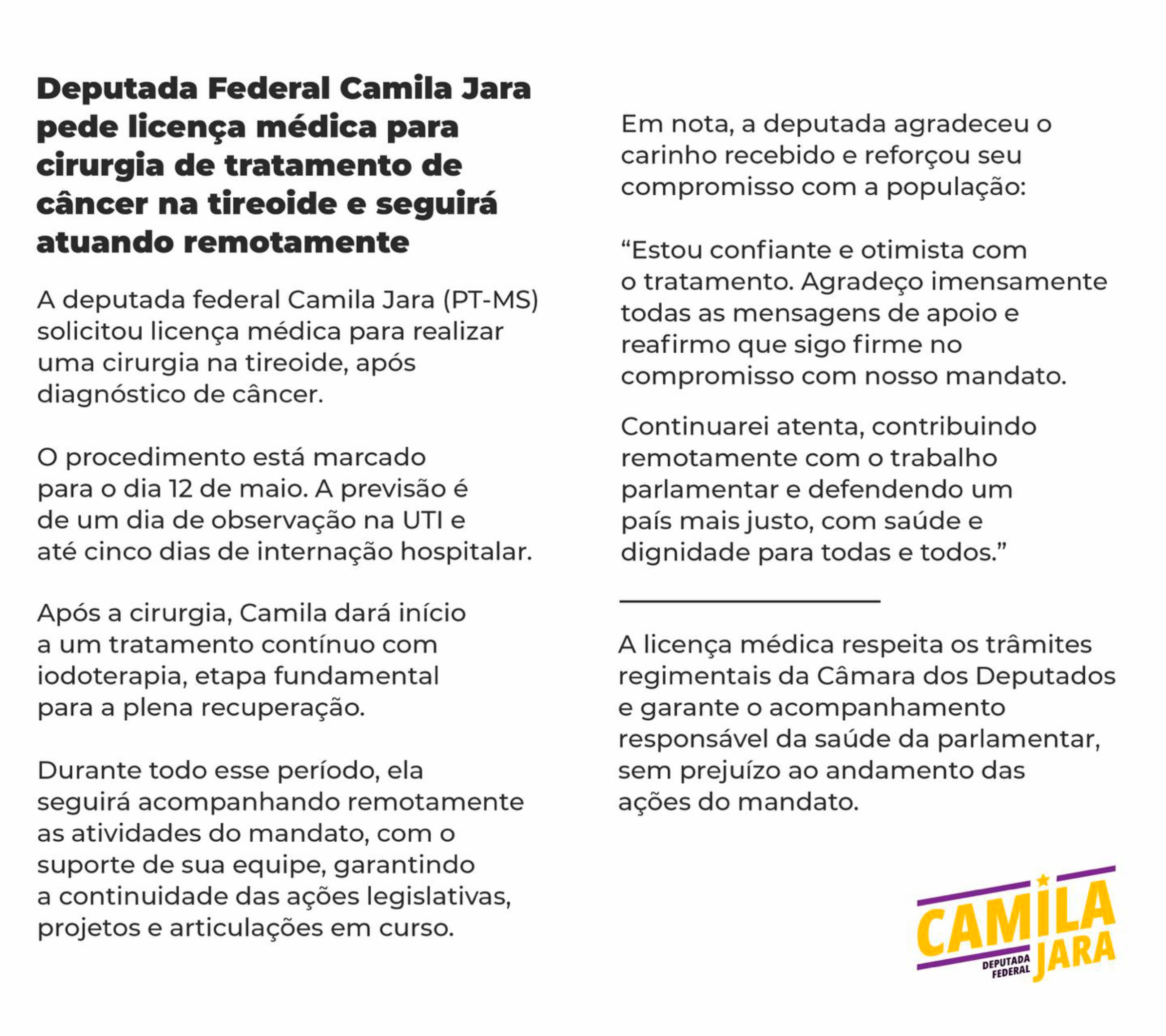 Deputada Camila Jara anuncia câncer na tireoide e se afasta da Câmara