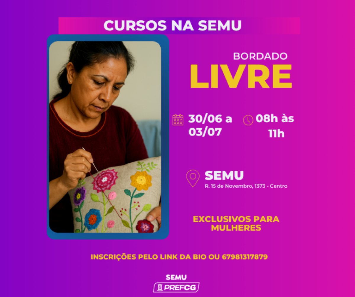 Curso gratuito de bordado livre abre inscrições para mulheres em Campo Grande