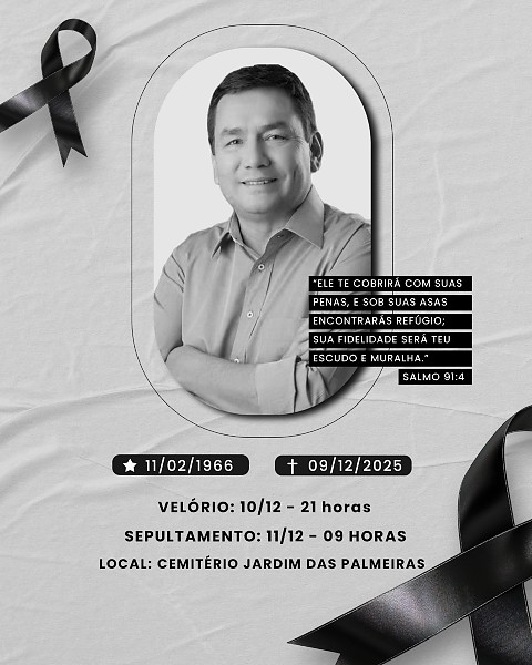 O velório começa às 21h desta quarta-feira (10), e o sepultamento está marcado para as 10h de quinta-feira (11)