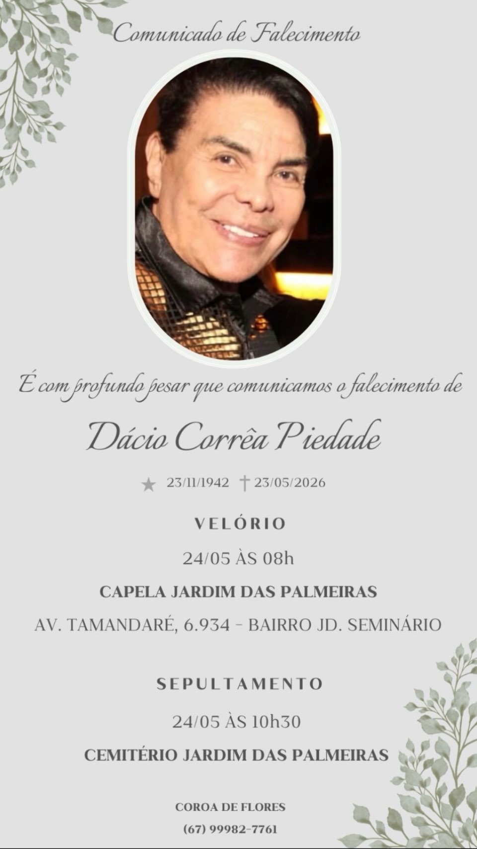 Morre Dácio Corrêa, referência do colunismo social de Campo Grande, aos 83 anos