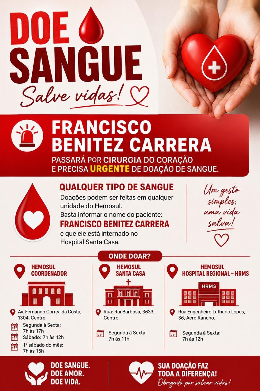 Família pede doação de sangue para paciente internado na Santa Casa