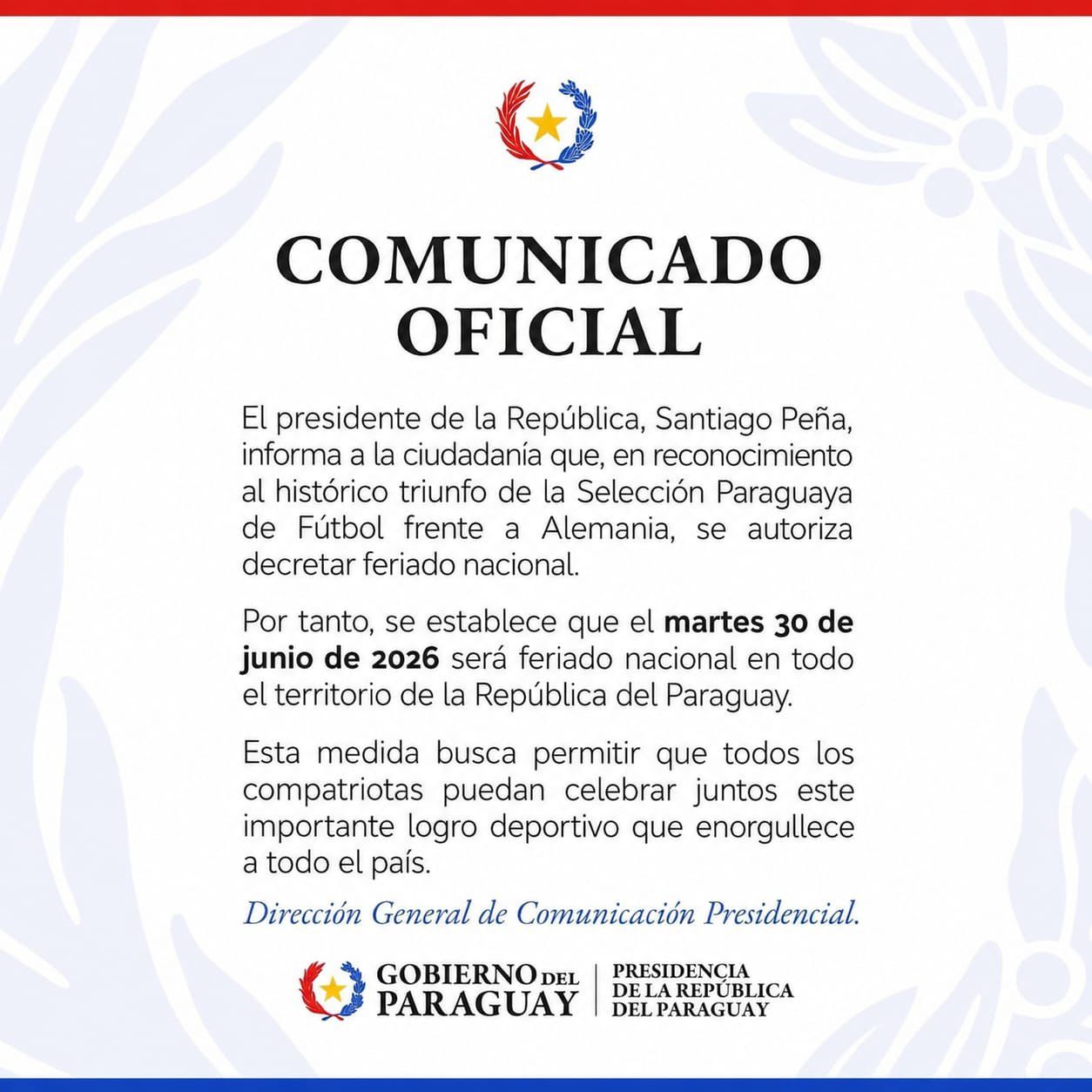 Comunicado feriado nacional Paraguai 