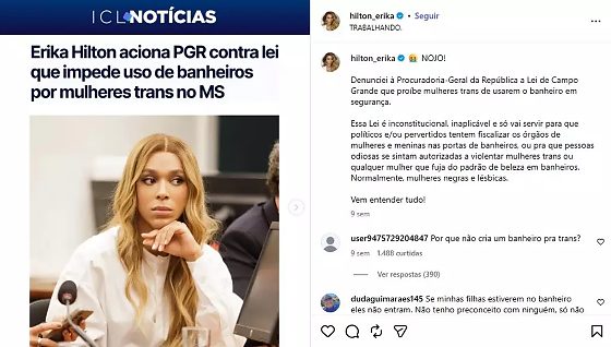 Justi&ccedil;a rejeita retirada imediata de postagens de Erika Hilton contra Adriane Lopes