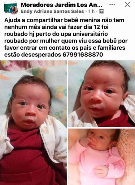 Recém-nascida de 28 dias é levada após mãe ser dopada em Campo Grande