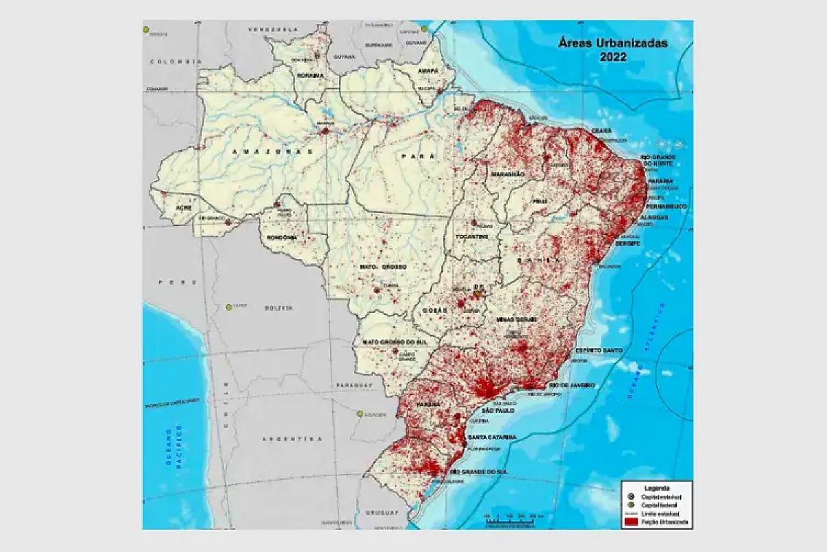 &Aacute;rea urbanizada no Brasil cresceu 12,3% de 2019 a 2022, mostra IBGE